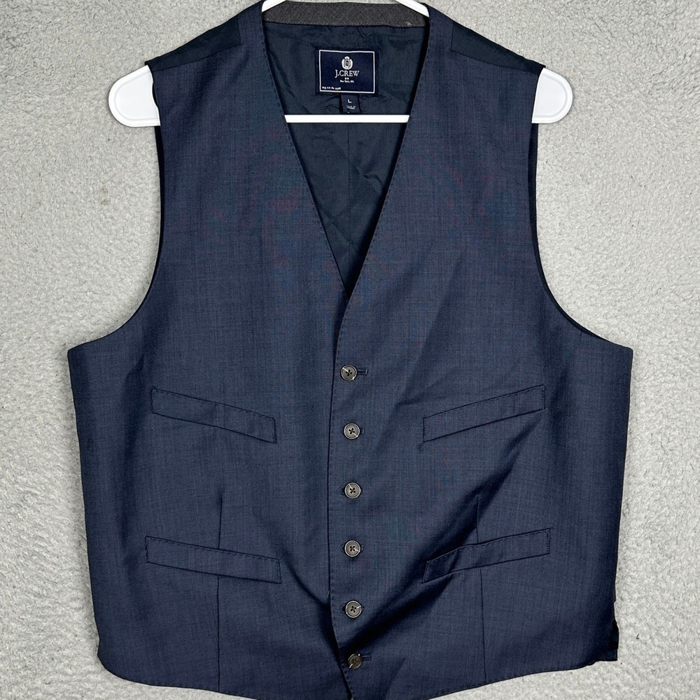 J Crew Suit Vest Men Large Navy Blue 6-Button Waistcoat Formal Wedding 100% Wool